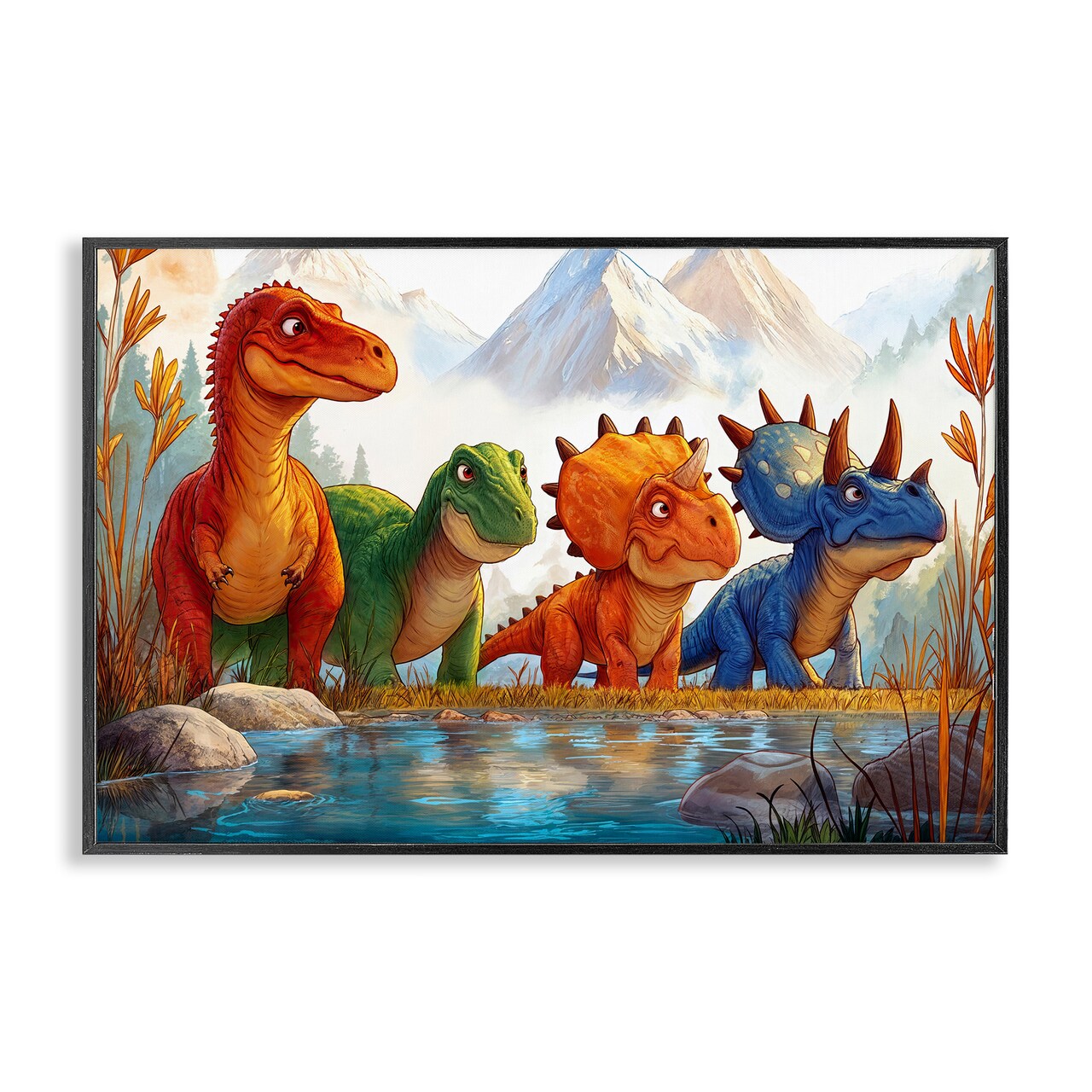 Stupell Industries Four Dinos By The Pond Framed Giclee, design by Wumples